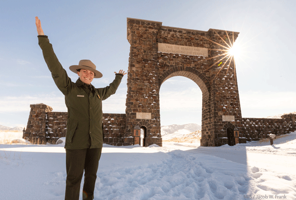 Park Ranger at Roosevelt Arch, Yellowstone National Park, Photo by NPS, Jacob W. Frank