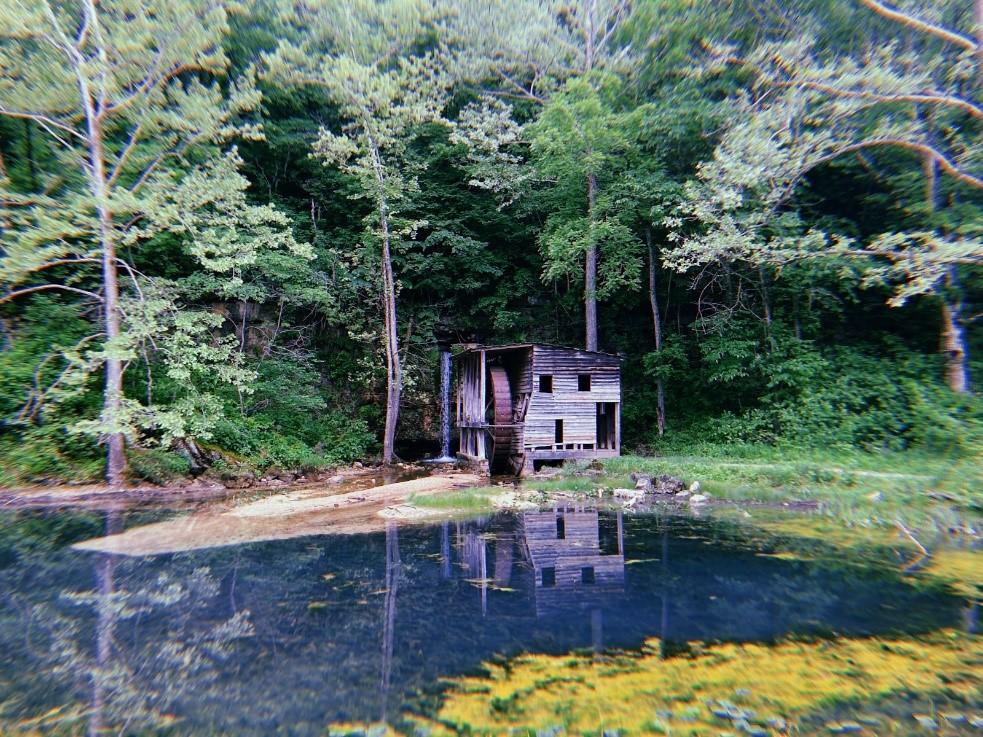 House on water with trees behind it