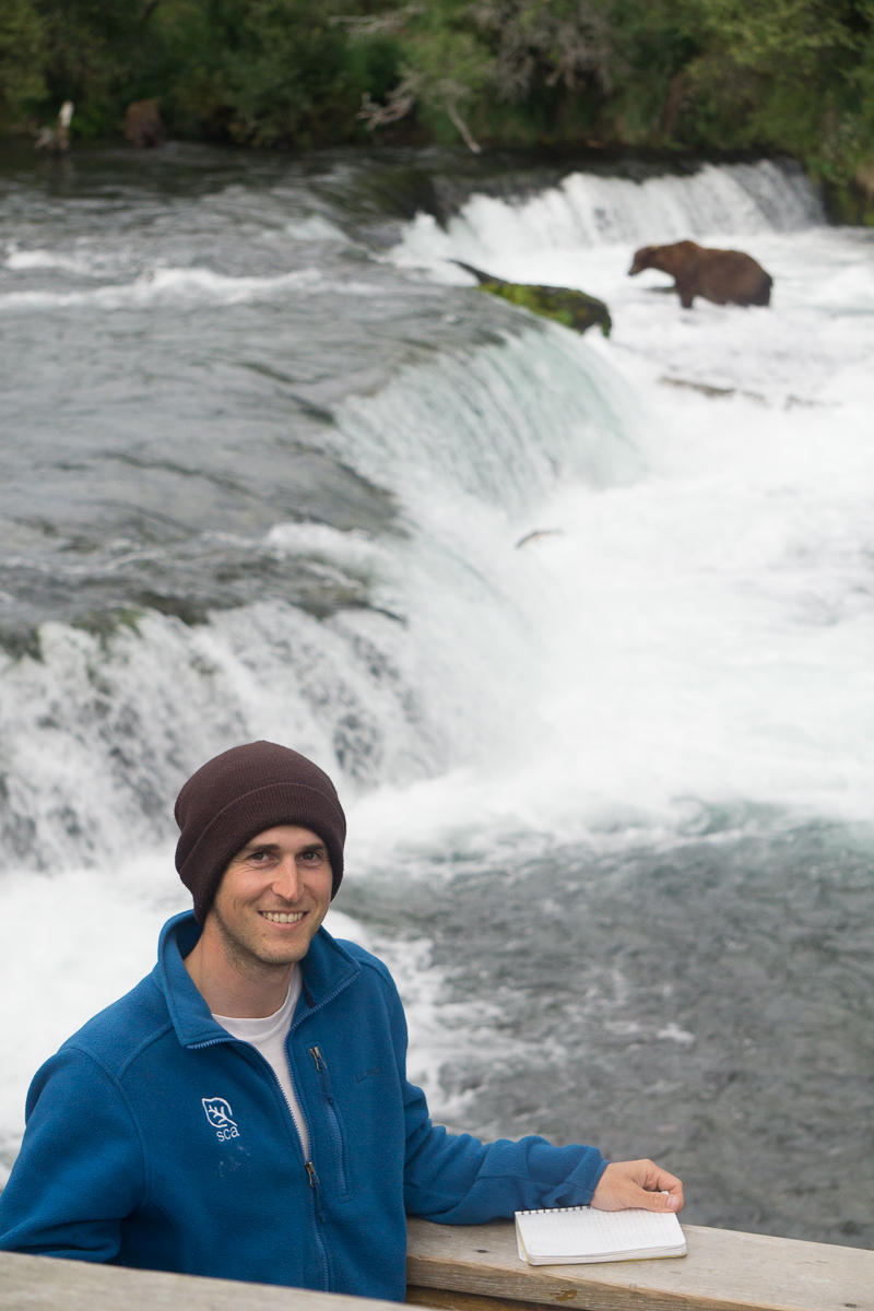 SCA Intern David Kopshever on the bear viewing platform at Brooks Falls in Katmai National Park. 
