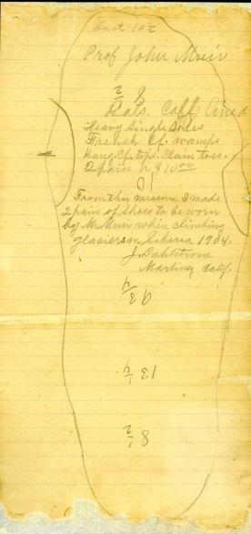 A tracing of John Muir's foot made to aid a shoemaker. 