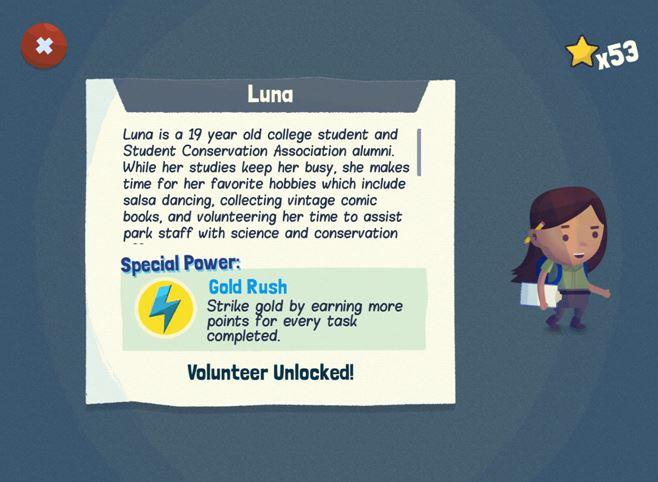 Save the Park iPhone game character Luna is an Earth-saving SCA alumna who loves volunteering at parks and salsa dancing.