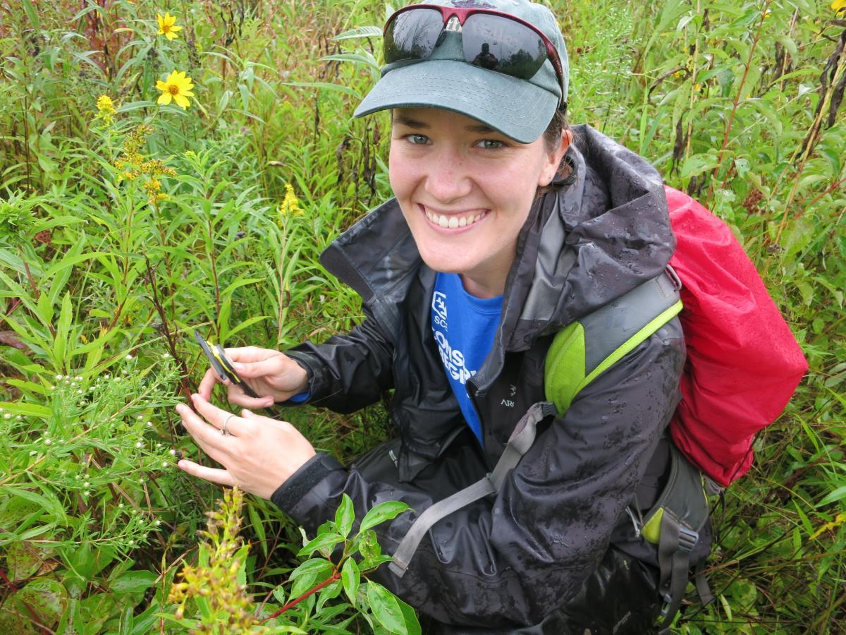 Claire Ellwanger snips a leaf sample for her biological conservation field research.