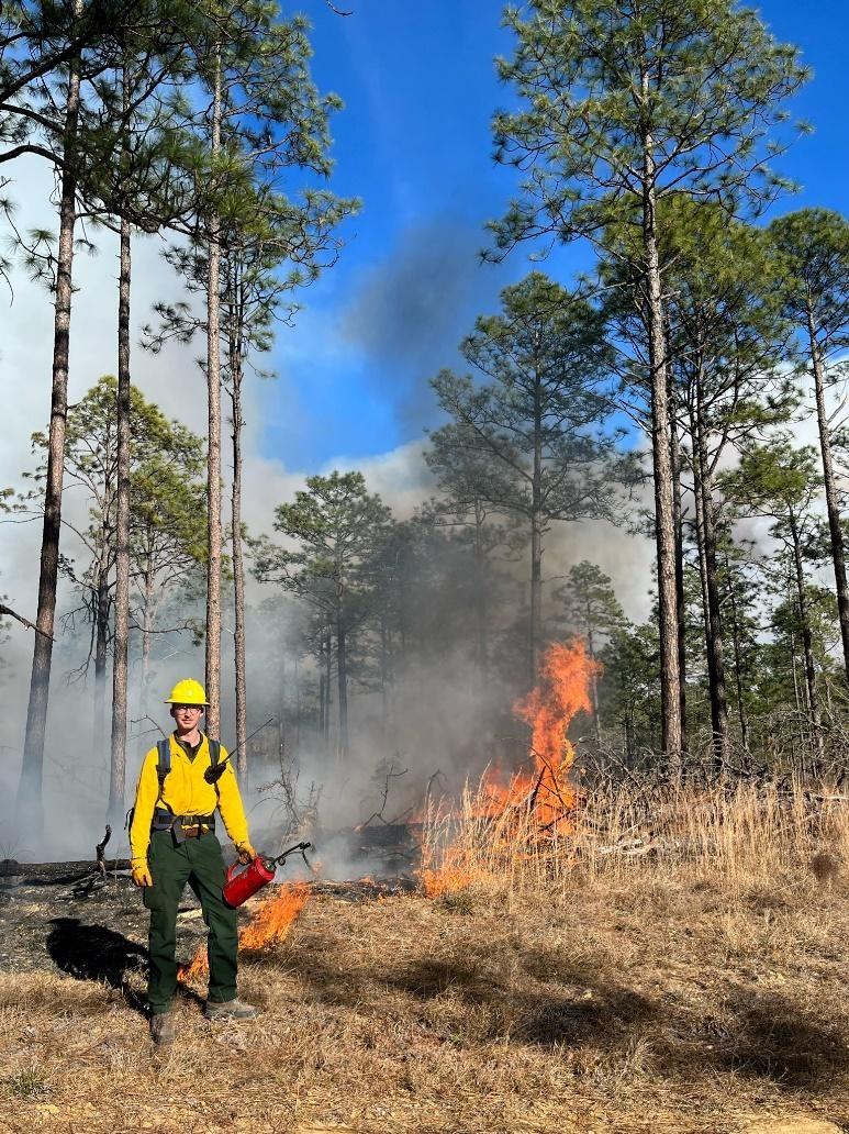 Person standing outside in front of tree and prescribed fire burn
