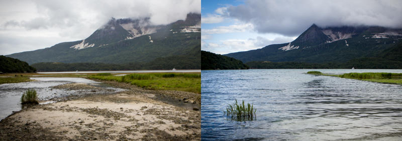 A comparison of low tide vs. high tide at the mouth of Geographic Creek (NPS Photo/D. Kopshever)
