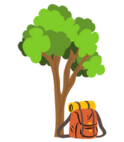 Digital illustration of tree, tree trunk, and orange-yellow backpack.